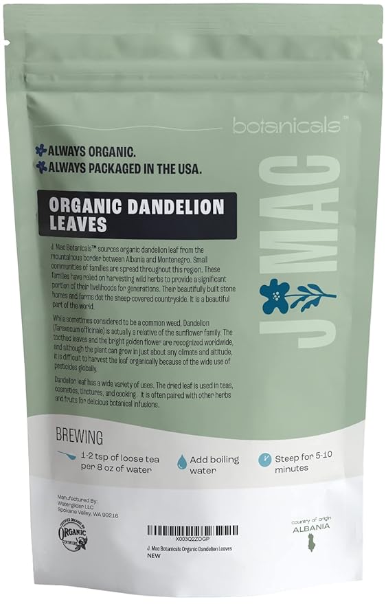 J Mac Botanicals, Organic Dandelion Leaves (4 oz bag) USDA Certified Organic Dandelion leaf tea, te diente de leon organico, Packaged in the USA, Cut and Sifted, No Caffeine
