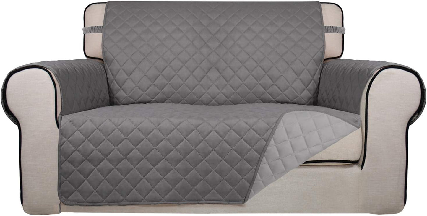 PureFit Reversible Quilted Sofa Cover, Water Resistant Medium Slipcover Furniture Protector, Washable Couch Cover with Non Slip Foam and Elastic Straps for Kids, Dogs, Pets (Loveseat, Gray/Light Gray)