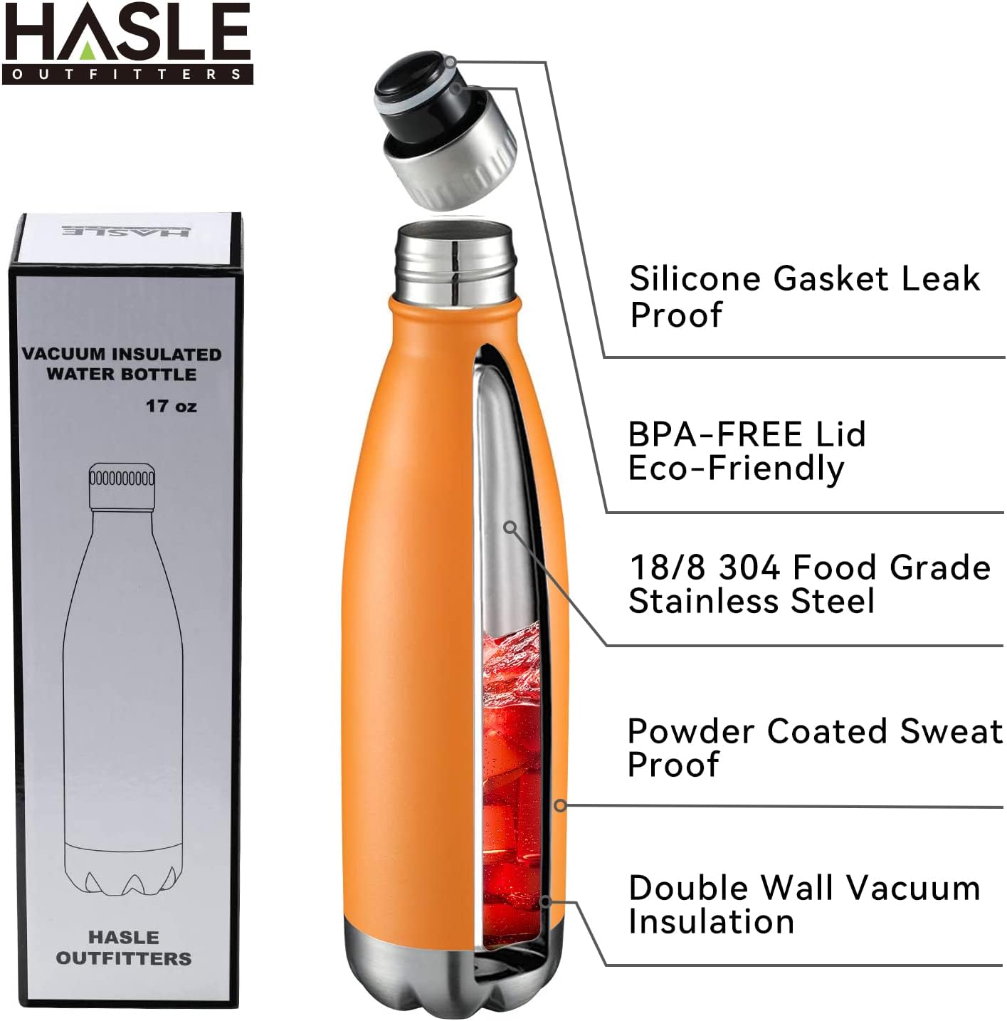 HASLE OUTFITTERS 17oz Stainless Steel Water Bottles Bulk, Vacuum Insulated Water Bottles Double Walled Powder Coated Reusable Metal Sports Water Bottles Keep Drinks Hot and Cold, Orange, 4Packs