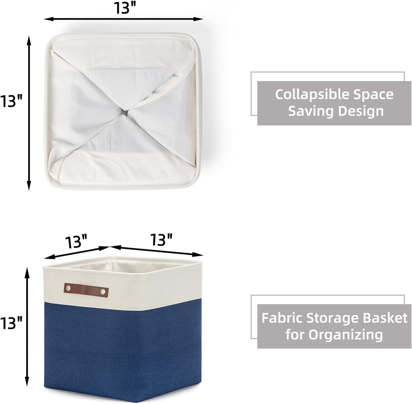 HNZIGE Baskets Fabric Storage Cubes Bins Baskets(3 Pack) Storage Baskets Cube for Shelf, Large Collapsible Organizer Closet Baskets,13x13 Toy Baskets with Leather Handle(White&Blue)