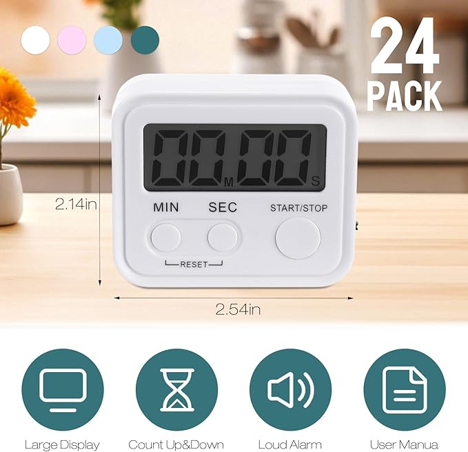 Weewooday 24 Pcs Digital Kitchen Timer Magnetic Timer Bulk On/Off Switch Minute Second Count up Countdown Loud Alarm for Exercise Cook Baking(White, Pink, Light Blue, Dark Green)