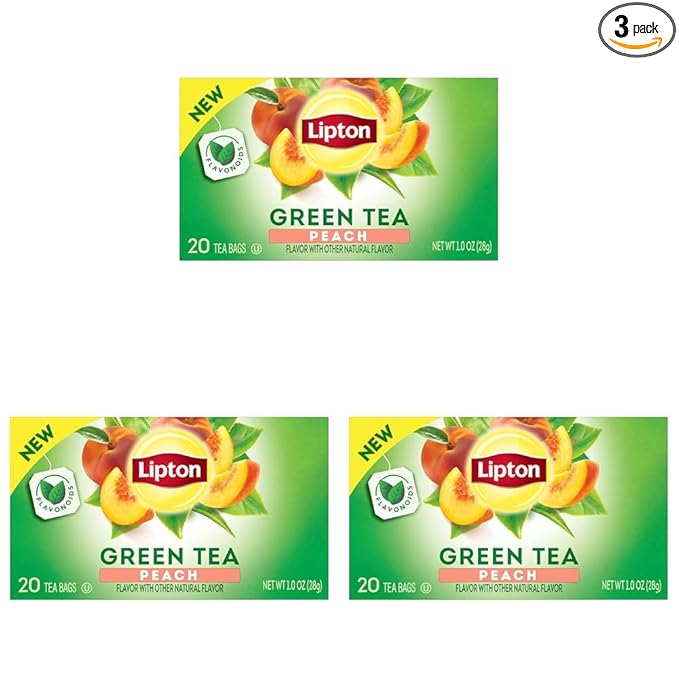 Lipton Peach Green Tea Bags, Flavored, Unsweetened Teabags for Hot Tea or Peach Iced Tea with Caffeine and Flavonoids, 20 Total Tea Bags (Pack of 3)