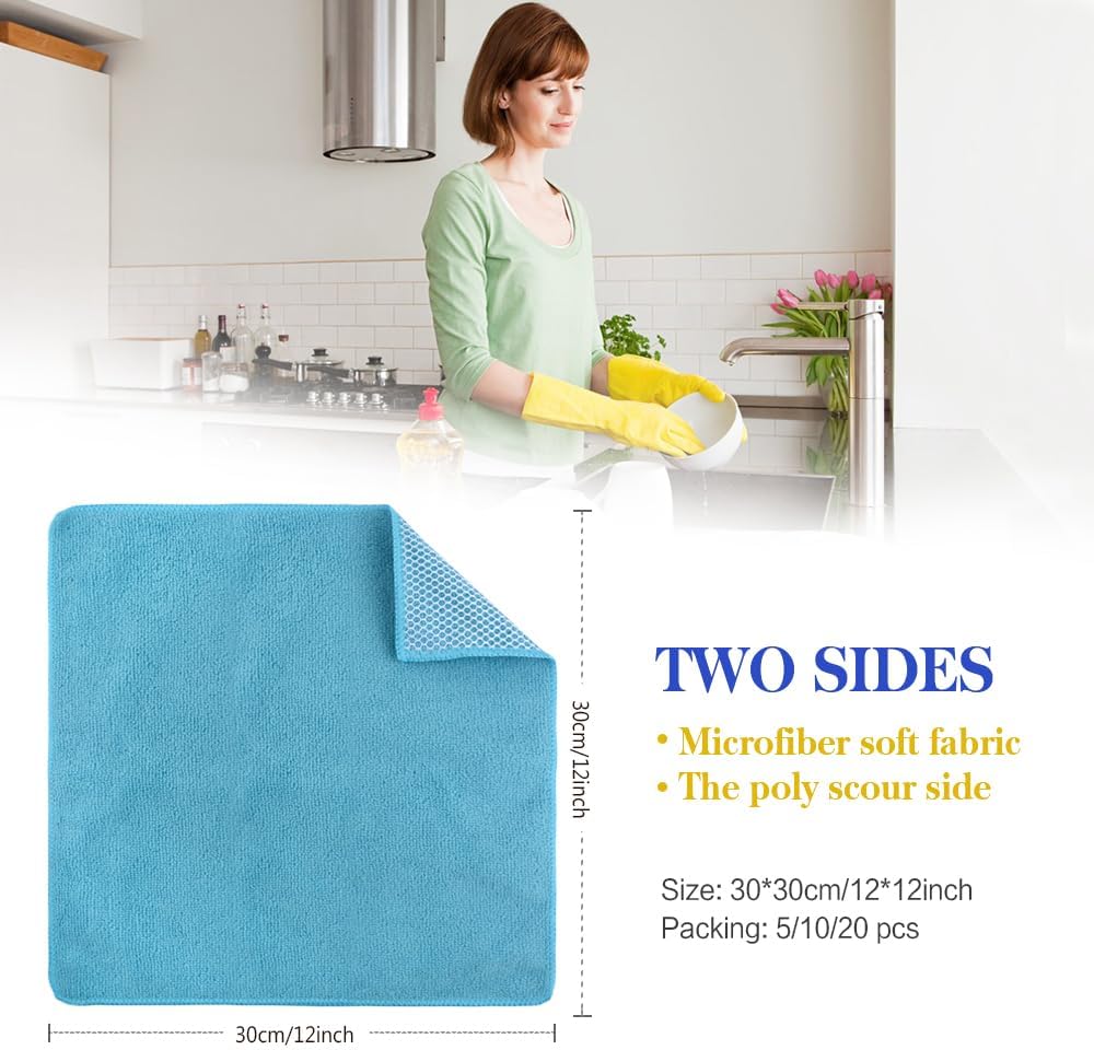 SINLAND 5 Color Assorted Microfiber Dish Cloth Best Kitchen Cloths Cleaning Cloths with Poly Scour Side 12Inchx12Inch 20 Pack (Pinkx4+bluex4+whitex4+yellowx4+greenx4)