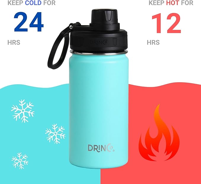 DRINCO Stainless Steel Water Bottle Spout Lid Vacuum Insulated Double Wall Water Bottle Wide Mouth (40oz 32oz 22oz 18oz 14oz) Leak Proof Keeps Cold or Hot (14 oz, 14oz Teal)