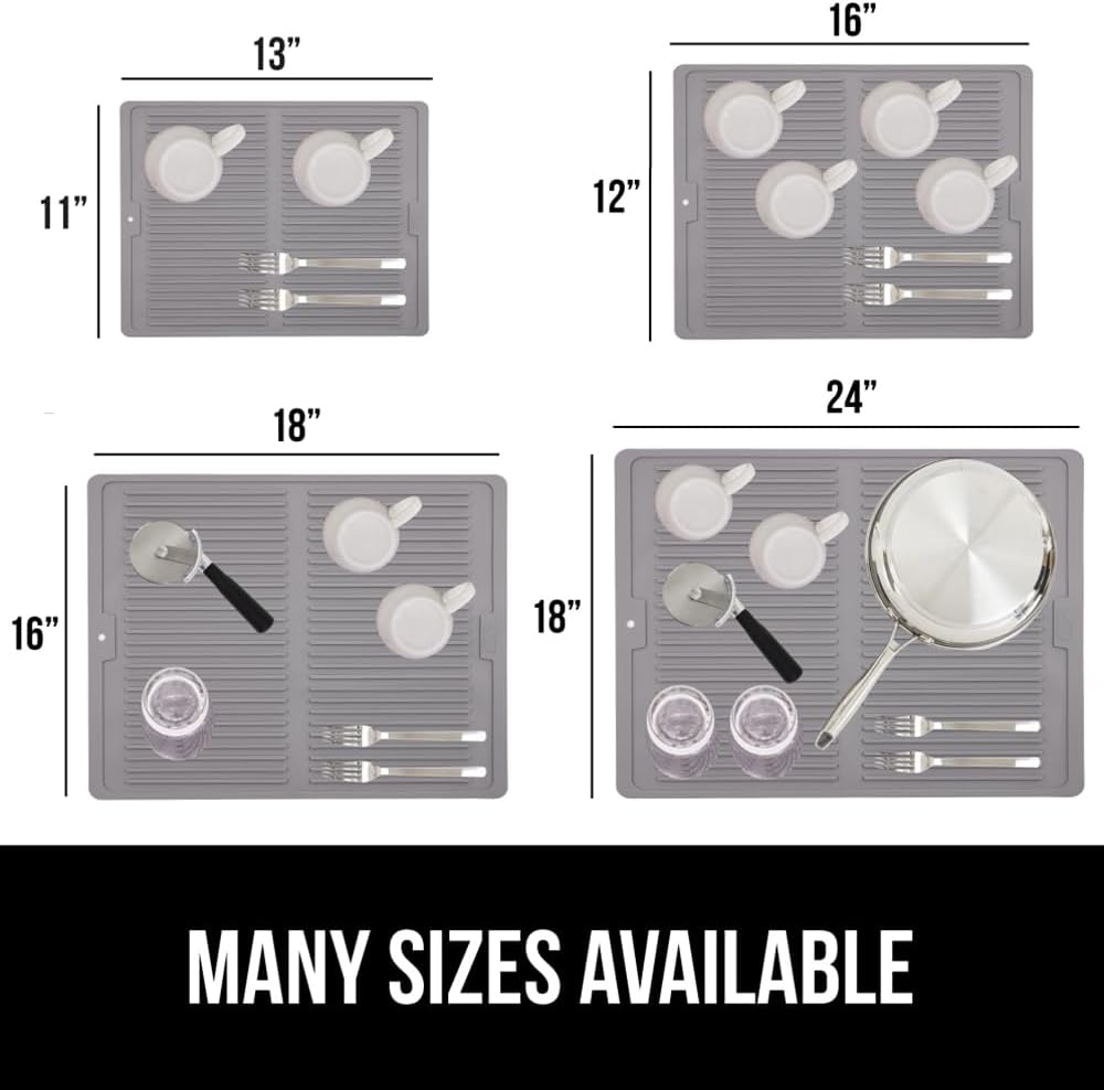 GORILLA GRIP 100% BPA-Free Patented Silicone Dish Drying Mat for Kitchen Counter, Water Catching Ribbed Design, Easy Clean Waterproof Sink Liner, Heat Resistant, Fits Under Rack, 16x12 Inch, Gray