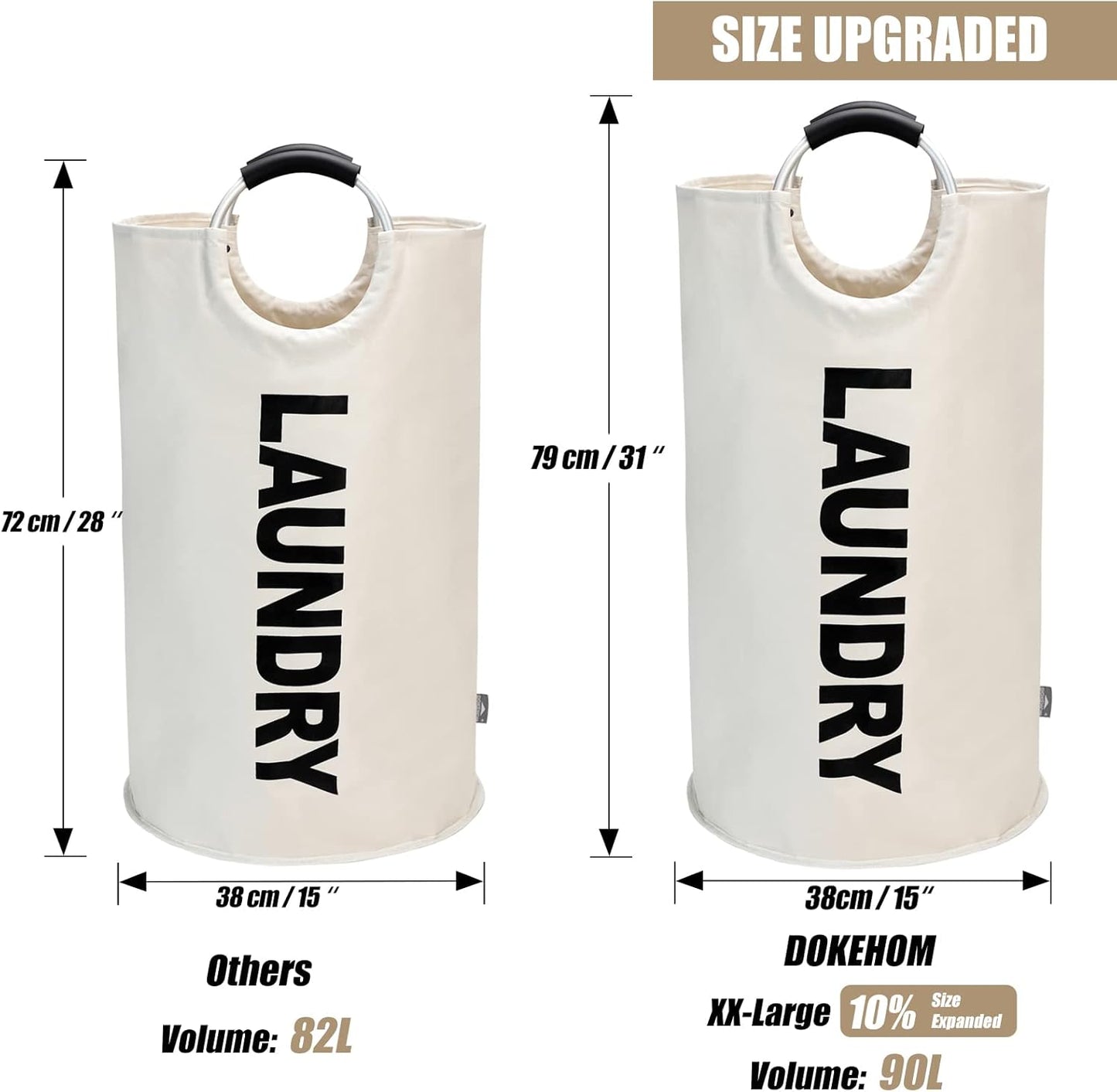 DOKEHOM 90L Large Laundry Basket, Collapsible Laundry Bag, Freestanding Tall Clothes Hamper, Foldable Washing Bin (Beige)