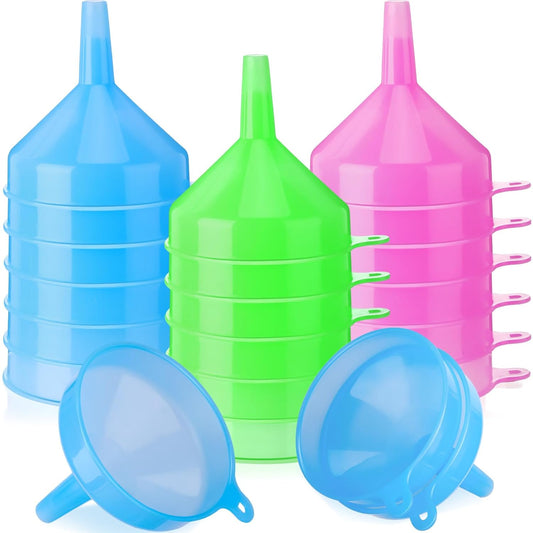 Honeydak 24 Pcs Multi-Purpose Plastic Funnels 4.7 Inch Wide Mouth Funnels for Filling Bottles, Jars, Containers Lab Use Oil Funnel for Gas, Car Oil, Lubricants and Fluids (Pink,Blue,Green)