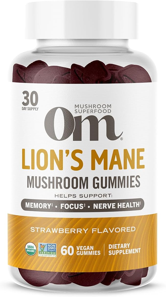 OM Mushroom Superfood Lion's Mane Gummies, 60 Count, 30 Servings, USA Grown Organic Mushrooms, Organic Nootropic Gummies for Memory, Focus and Mood