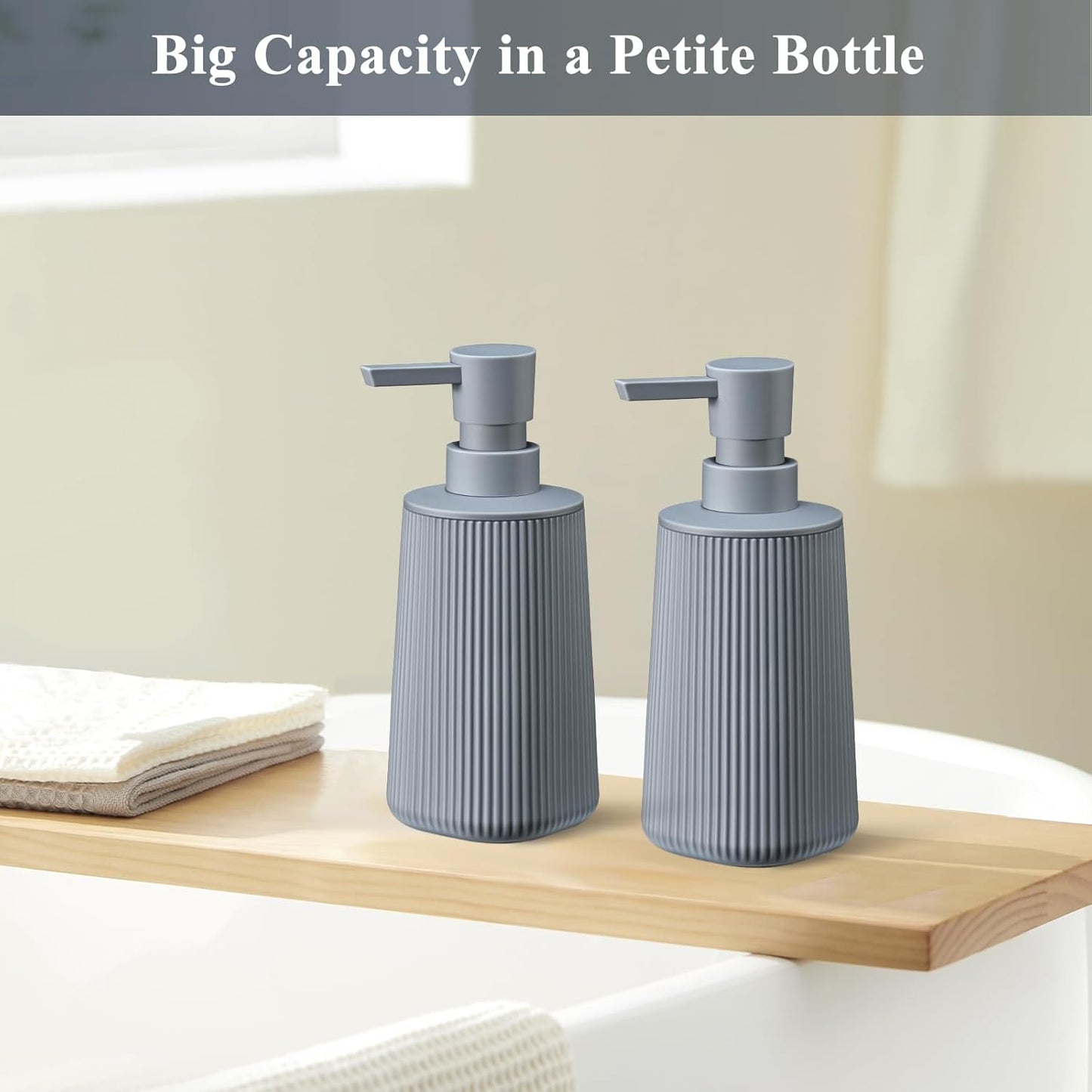 Gray 2 Pack Hand Soap Dispensers with No Rust Pump for Bathroom and Kitchen Countertops Refillable Striped Matte Plastic 8.5 oz