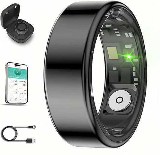 Smart Ring for Men Women with Black Charging Box, Bluetooth, Health Ring , IP68 Waterproof, Fitness Ring Tracks Heart Rate/Sleep/Steps/Sports Activities/Blood Oxygen,non-subscription app (Black, 8)