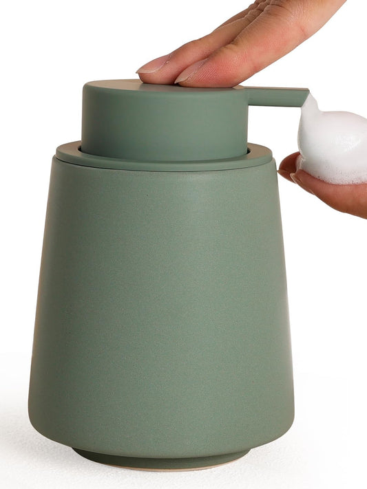 INGOFIN Ceramic Foaming Soap Dispenser -14 oz Foam Hand Soap Dispenser Bathroom Modern Refillable Dish Wash Bottle for Kitchen with Large Pump Matte Green