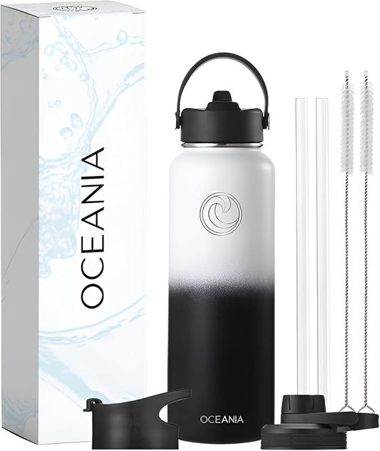 Oceania Flask 40oz Stainless Steel Water Bottles | Modern, Leakproof, Hydro BPA-Free, Insulated Water Bottle with 3 Lids, 3 Straws & 2 Straw Cleaning Brushes | Simple Camping & Hiking Water Bottles