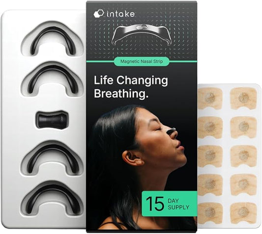 Intake Breathing Nasal Strip Starter Kit (15 Count, Black) - Boost Oxygen Intake, Reduce Snoring, Improve Sleep Quality - Sweat Resistant, Skin Safe Nasal Strips - Extra Strength Snoring Solution