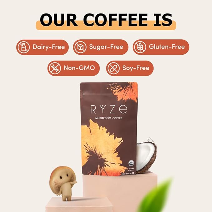 RYZE SUPERFOODS Mushroom Coffee Starter Kit, USDA Organic Instant Coffee with 6 Adaptogenic Mushrooms and MCT Oil for Better Energy, Focus, Digestion, Immunity with Lions Mane & Turkey Tail 60 serving