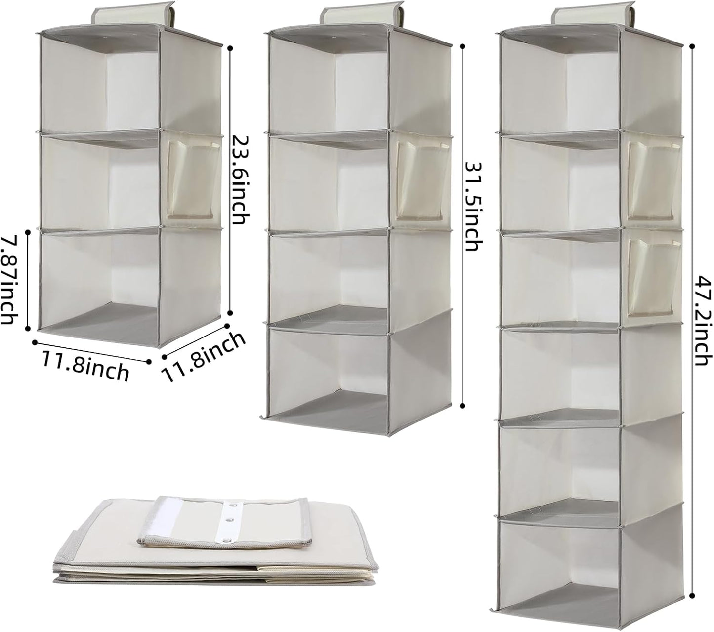 2 Packs Hanging Closet Organizer Storage, 3-Shelf Hanging Shelves for Closet, Closet Clothes Organizer and Storage with Side Pocket, Beige