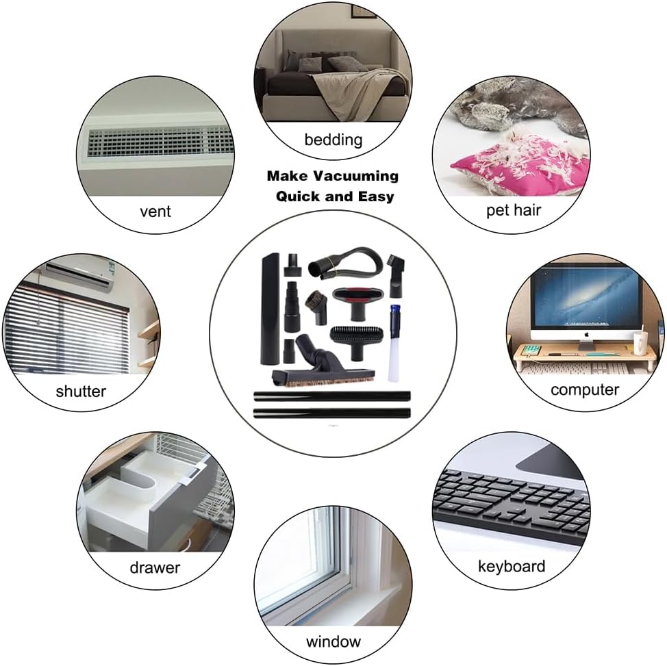 13 Pcs Universal Vacuum Attachments for Shop Vac Accessories - 2 1/2" to 1 1/4" and 1 7/8" to 1" Vacuum Hose Adapter Kit, 1 1/4" Vacuum Floor Brush Flexible Crevice Tool and Vacuum Extension Wand