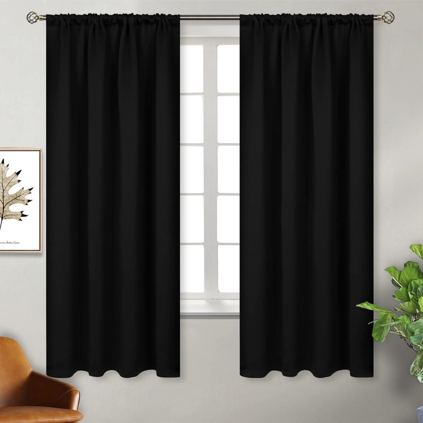 BGment Rod Pocket Blackout Curtains for Bedroom - Thermal Insulated Room Darkening 52 Width 63 Inches Length Window Curtain for Living Room, 52 x 63 Inch, 2 Panels, Black