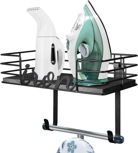 TJ.MOREE Ironing Board Hanger Wall Mount - Laundry Room Iron and Ironing Board Holder, Metal Wall Mount with Large Storage Black Wooden Base Basket and Removable Hook(Black)