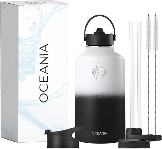 Oceania Flask 64oz Stainless Steel Water Bottle | Modern, Leakproof, Hydro BPA-Free, Insulated Water Bottle with 3 Lids, 3 Straws & 2 Straw Cleaning Brushes | Simple Camping & Hiking Water Bottles