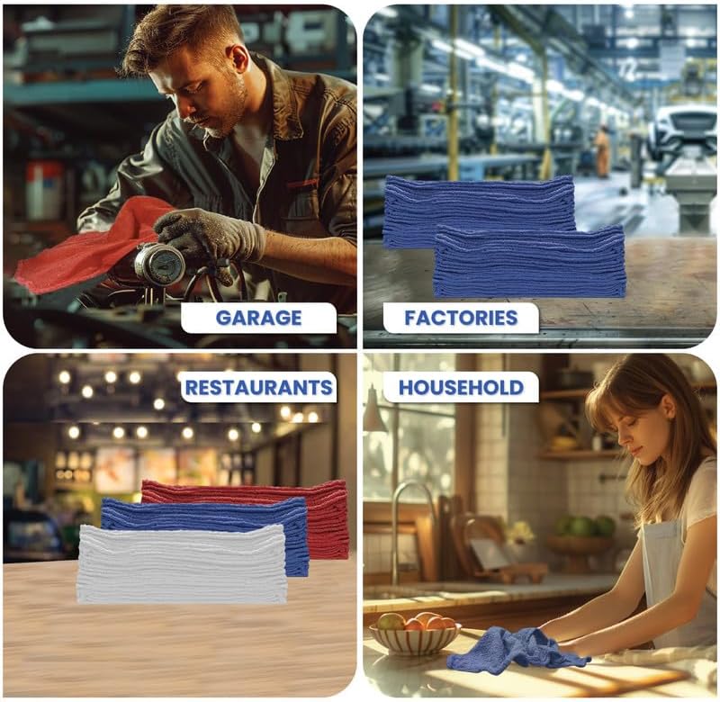 Shop Towels (Blue, 25-Pack) - Bulk Cleaning Towel in a Bag, Mechanic Cotton Wipes for Car Maintenance, Auto Mechanics & Garage, Wipe Grease & Oil, Machine Wash & Reusable