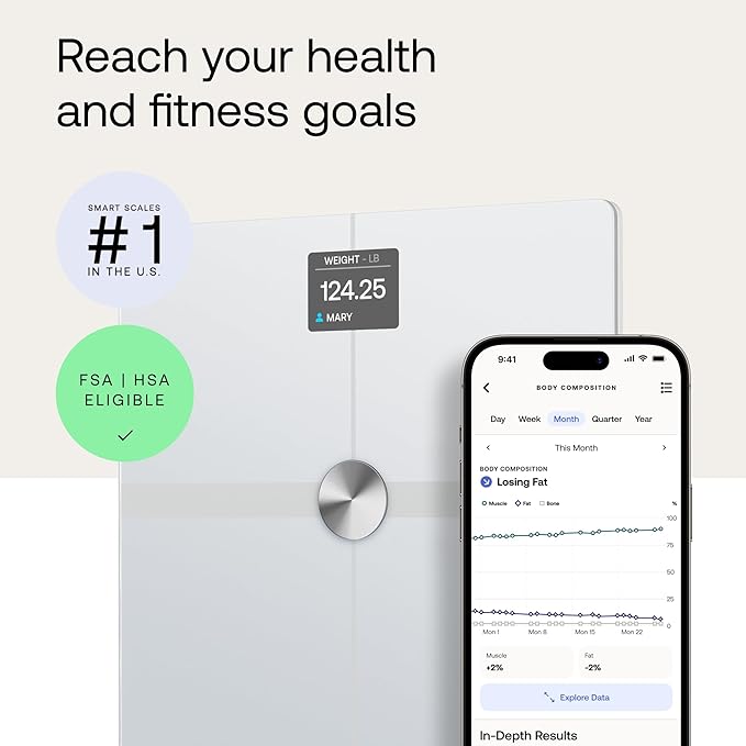 WITHINGS Body Smart - Accurate Scale for Body Weight and Fat Percentage, Body Composition Wi-Fi and Bluetooth Weight Scale, Baby Weight Scale, Smart Scale Apple Health Compatible, Bathroom Scale