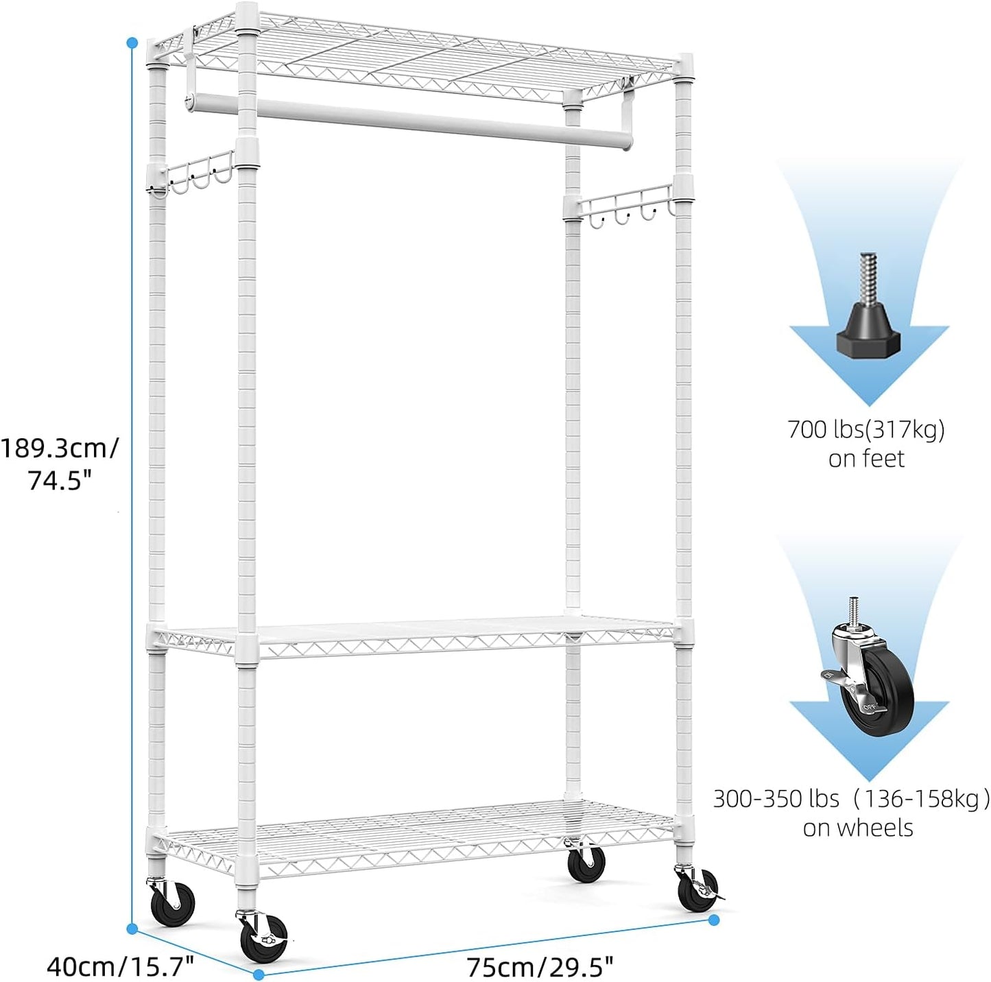 Heavy Duty Rolling Garment Rack 3 Tiers Adjustable Wire Shelving Clothes Rack with Rods and Side Hooks,Storage Closet Clothing Rack with Wheels White 15.7" D x 29.5" W x 74.5" H