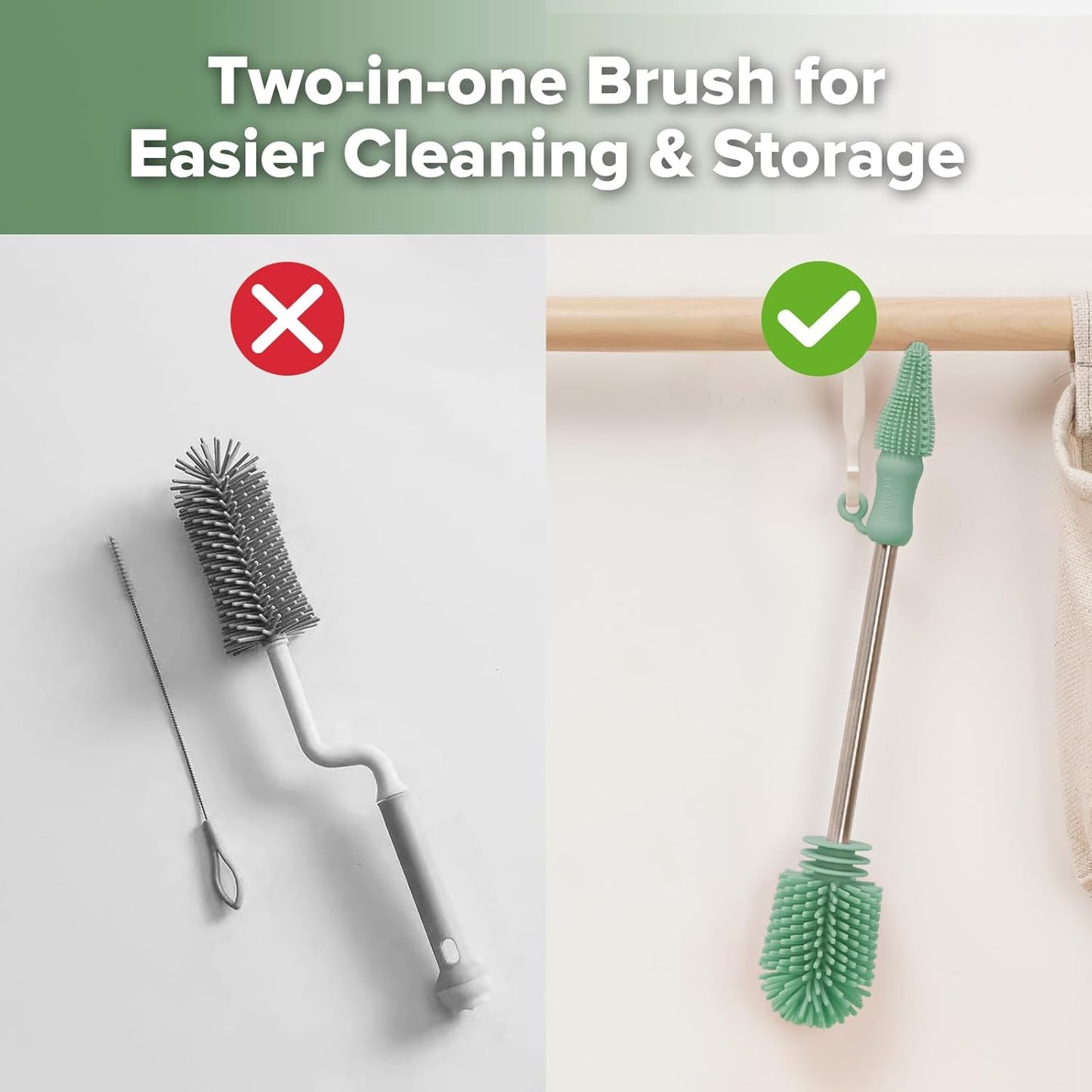 haakaa Cleaning Brush Silicone Bottle Brush Double-Ended Soft Silicone Bristles for Breast Pumps, Breast Milk Collectors, Baby Bottles, Teats, Breastmilk Storage Bags, Pea Green-1pk