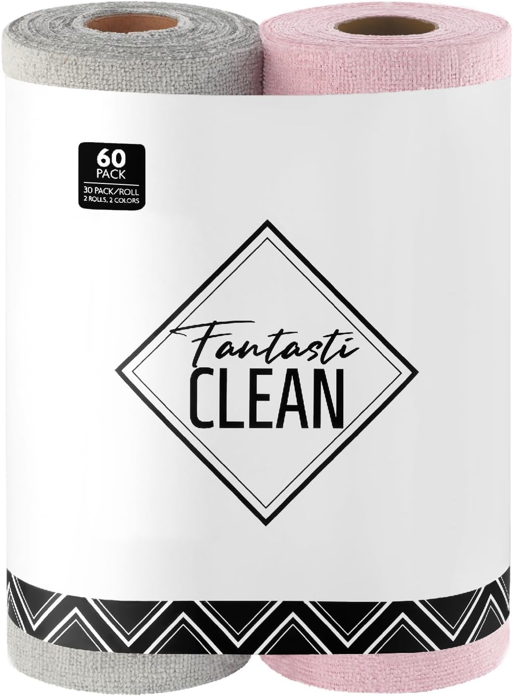 Fantasticlean Microfiber Cleaning Cloth Roll -60 Pack, Tear Away Microfiber Towels, 12" x 12", Reusable, Washable, Scratch Free, Ultra Absorbent Dishcloth for Car, Home Supplies (Pink & Grey)