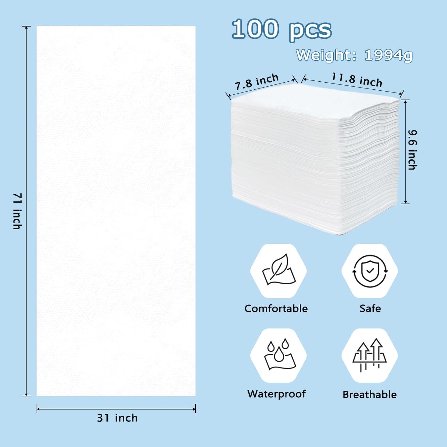 100Pcs Disposable Massage Table Sheets 31" x 71" Non-Woven Fabric Disposable Bed Sheets SPA Bed Cover Breathable Oil-Waterproof Sheets for Travel Spa Tatto Hotel Salon (White)