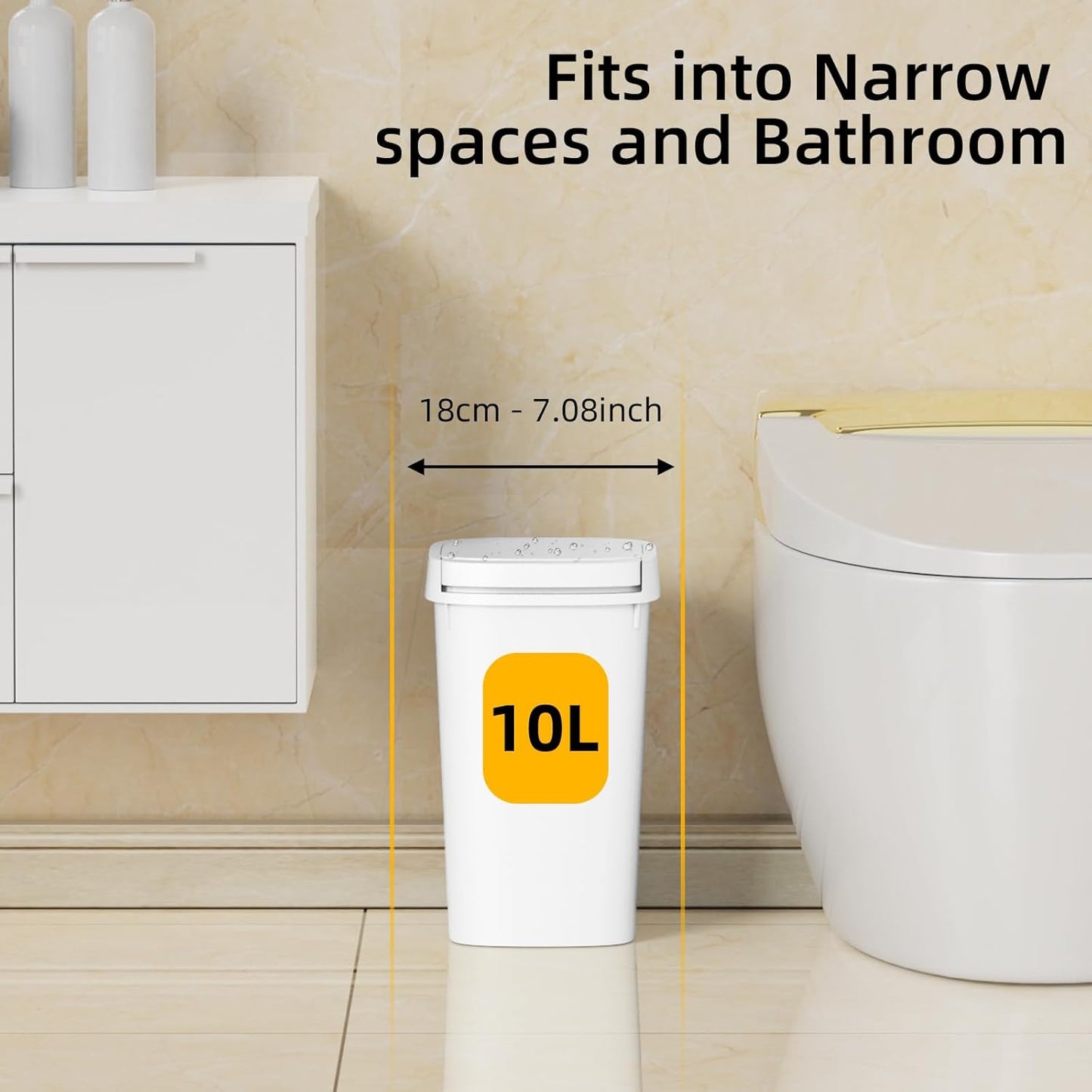 3 Pack Bathroom Small Trash Can with Lid, 2.6 Gallon Slim Garbage Bin with Pop-Up Lid, 10L Plastic Wastebasket for Bedroom, Office, Kitchen, Toilet (White)