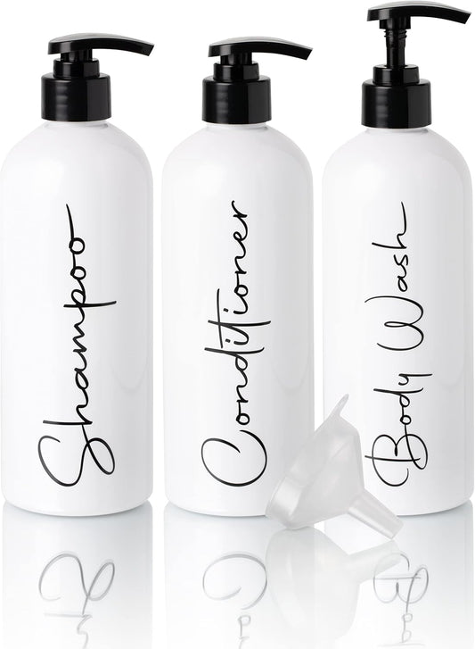 Alora 32oz Reusable Shampoo and Conditioner Bottles - Set of 3 - Easy to Read Labels - Pump Bottle Dispenser for Shampoo, Conditioner, Body Wash - Empty Plastic Refillable Containers for Shower