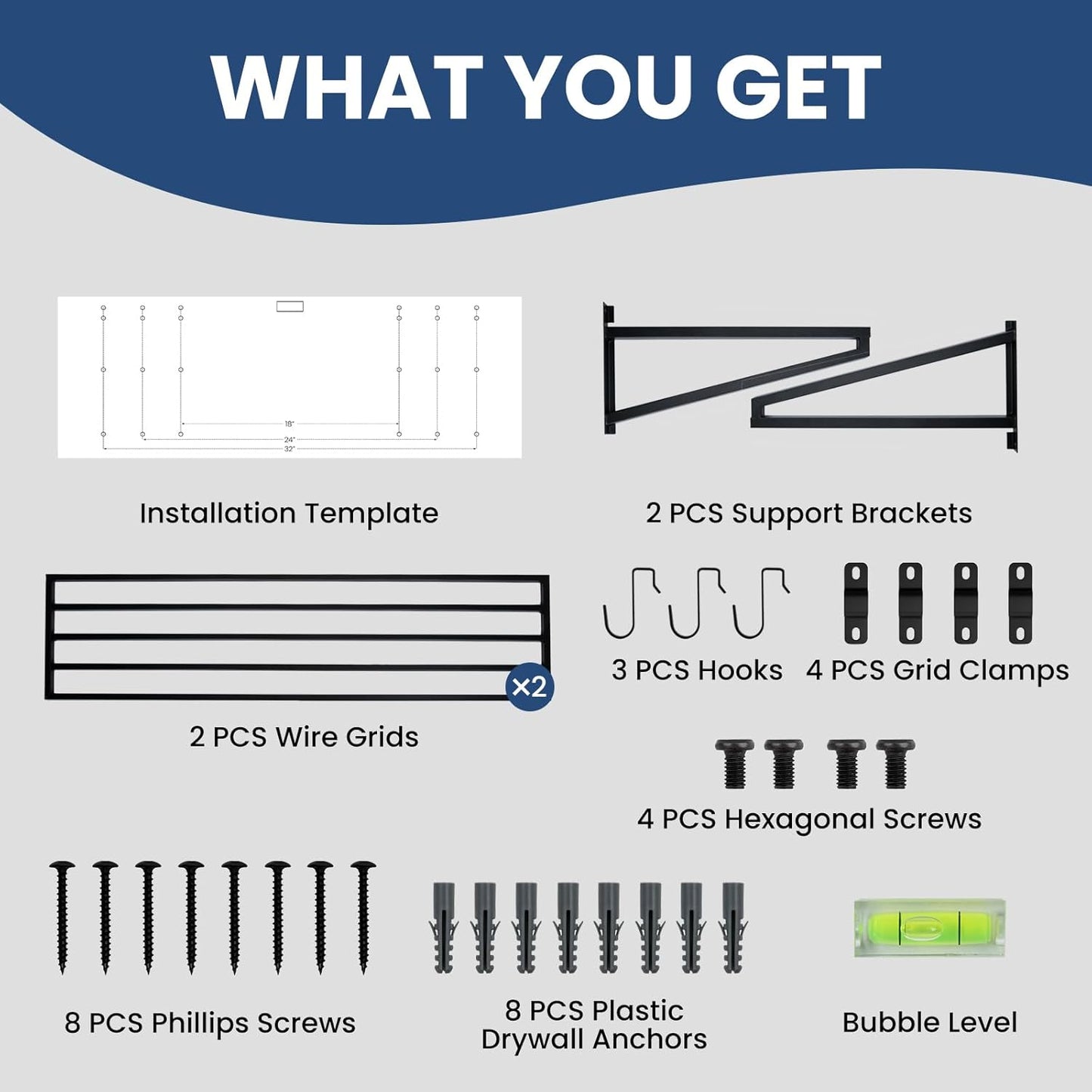 1-Pack Garage Wall Shelves, 2' x 4' Heavy Duty Wall Mounted Storage Rack with 3 Hooks, 250 lbs Capacity, Steel Garage Organization Shelving for Tools, Bins, and Power Equipment