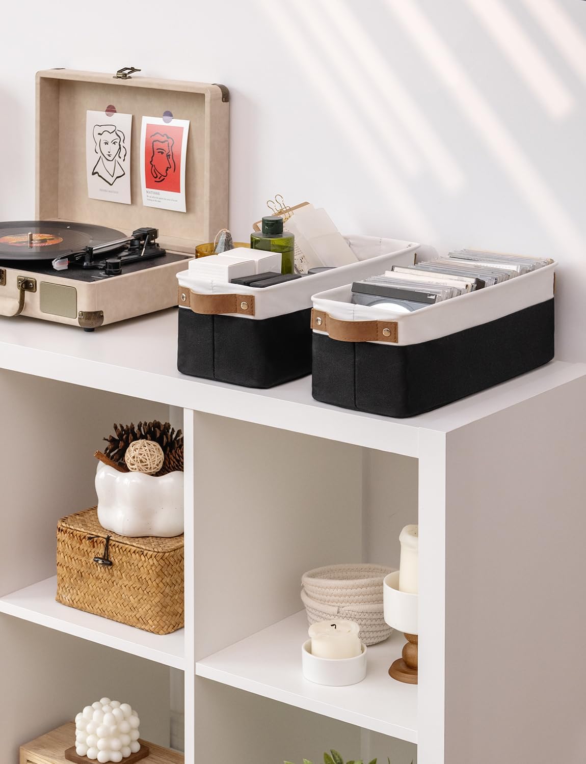 StorageWorks Narrow Storage Bins, Small Basket for Closet and Shelves, Fabric Organizer with Handles, Toilet Paper Storage, Black and White, 2-Pack