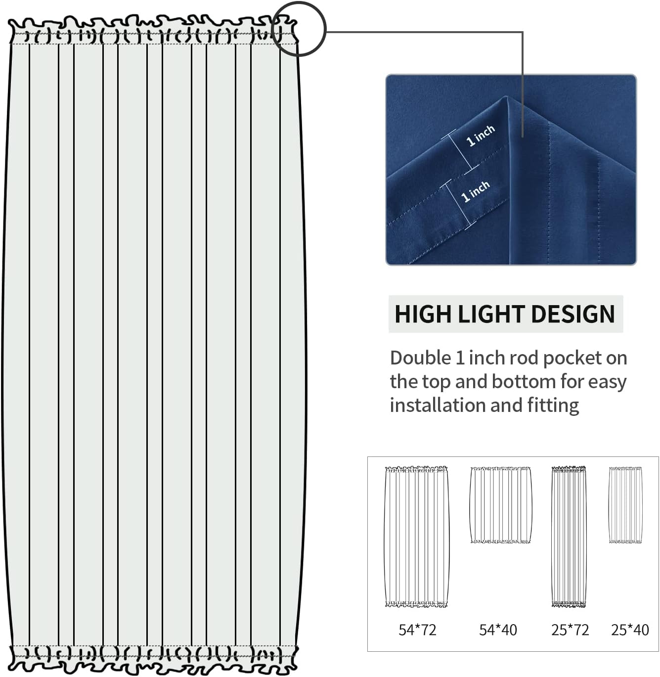 DWCN French Door Curtains – Rod Pocket Thermal Blackout Curtain for Window/Patio Doors/Doorways/Classroom/Kitchen for Privacy, 25W by 40L Inches, 1 Panel with Tieback, Classic Blue