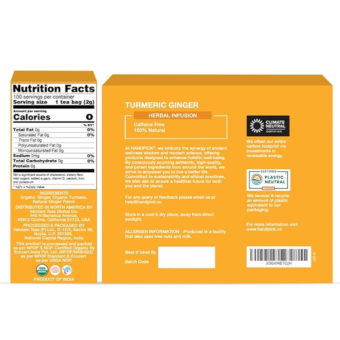 HANDPICK, Organic Turmeric Ginger Tea, 100 Eco-Conscious Tea Bags | Caffeine Free, Gluten Free, Non-GMO | 100% Pure Herbal Blend - Savory & Spicy