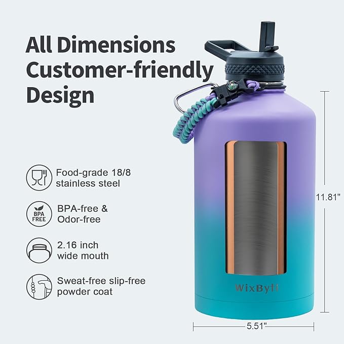 One Gallon Water Bottle Insulated, Triple Wall Vacuum Cold for 48 Hrs & Leak-proof & Non-BPA, 128oz Large Sports Stainless Steel Water Jug with Paracord Handle Straw Spout Lids & DIY Stickers