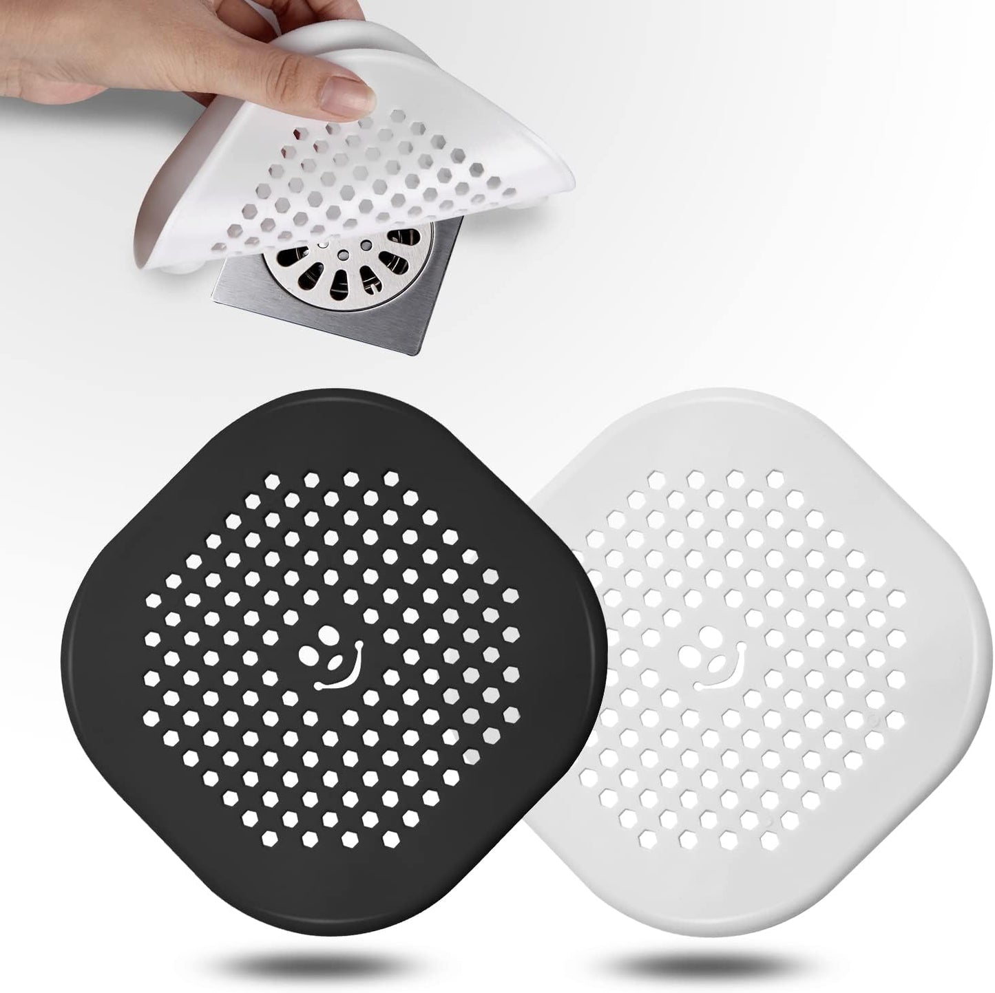2 Pack Drain Hair Catcher Silicone Drain Protector Hair Stopper with Suction Cup for Shower Kitchen Bathroom Black White