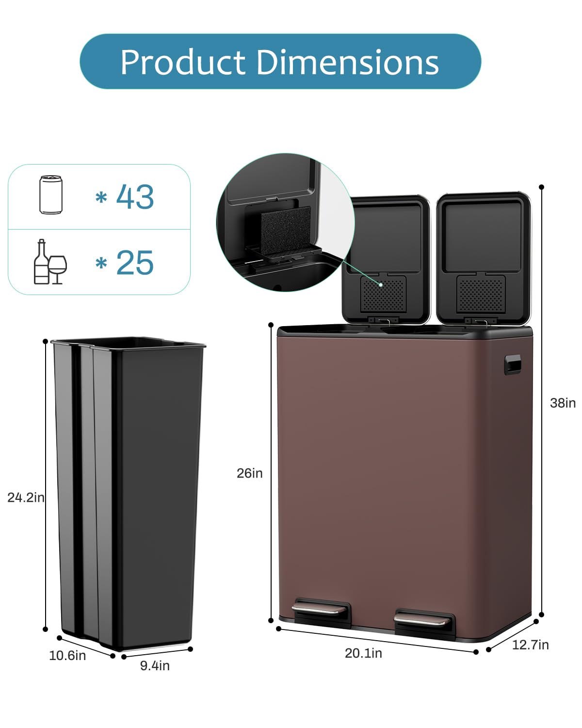 16 Gal (2 x 30 L) Dual Trash Can, Stainless Steel Kitchen Garbage Bin, Recycle Dustbin with Odor Control Box, Soft-Close Lid, Inner Buckets, Side Handle, Step Pedal, for Home Office