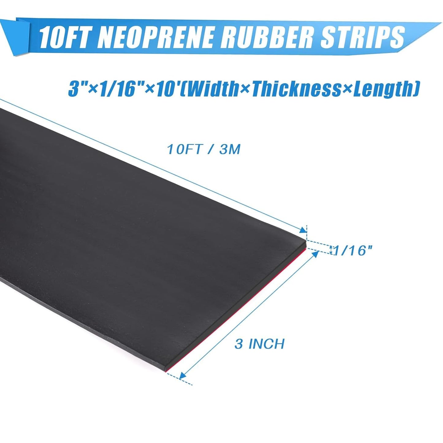 Neoprene Rubber Strips Self Adhesive Sheets, Rolls & Strips with Adhesive Backing Rubber Pads Self Stick Seal Gasket Tape for Matting Padding - 3” Wide x 1/16" Thick x 10' Long