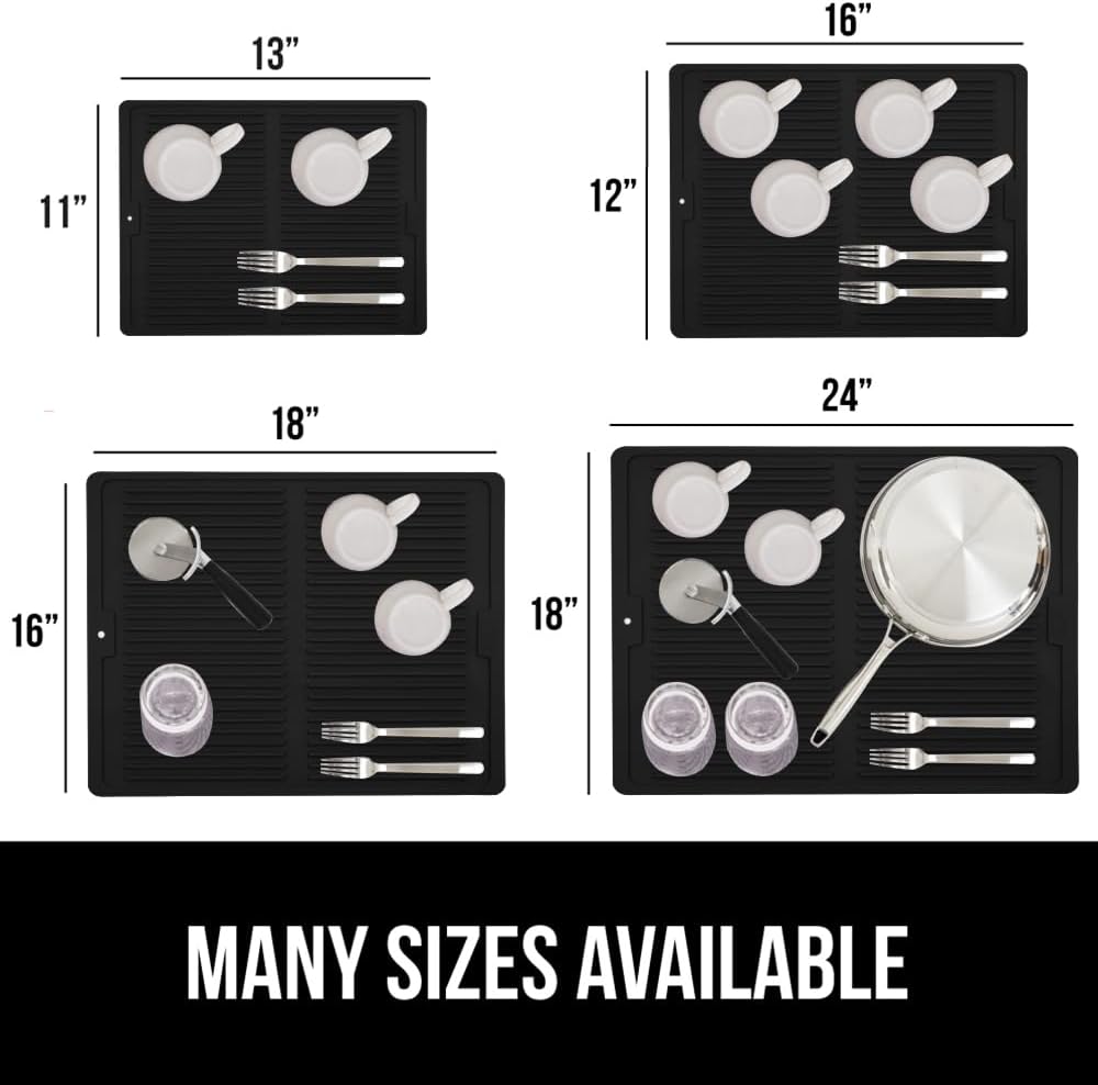 GORILLA GRIP 100% BPA-Free Patented Silicone Dish Drying Mat for Kitchen Counter, 18x16 Inch, Water Catching Ribbed Design, Easy Clean Waterproof Sink Liner, Heat Resistant, Fits Under Rack, Black