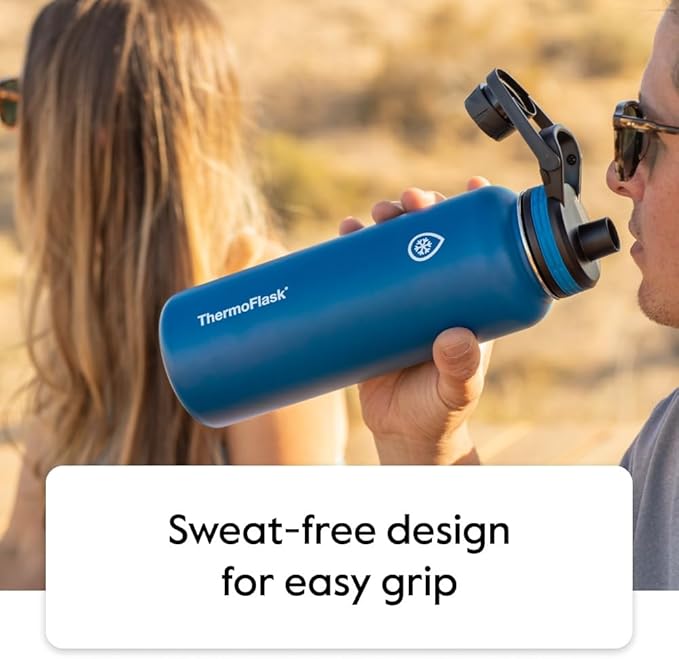 ThermoFlask Bottle with Spout Lid - Stainless Steel Water Bottles with Double-Wall Insulation & BPA-Free Spout Lids - Leak-Proof Reusable Bottles & Lids - 24 oz, Mayan Blue/Black (2 Pack)