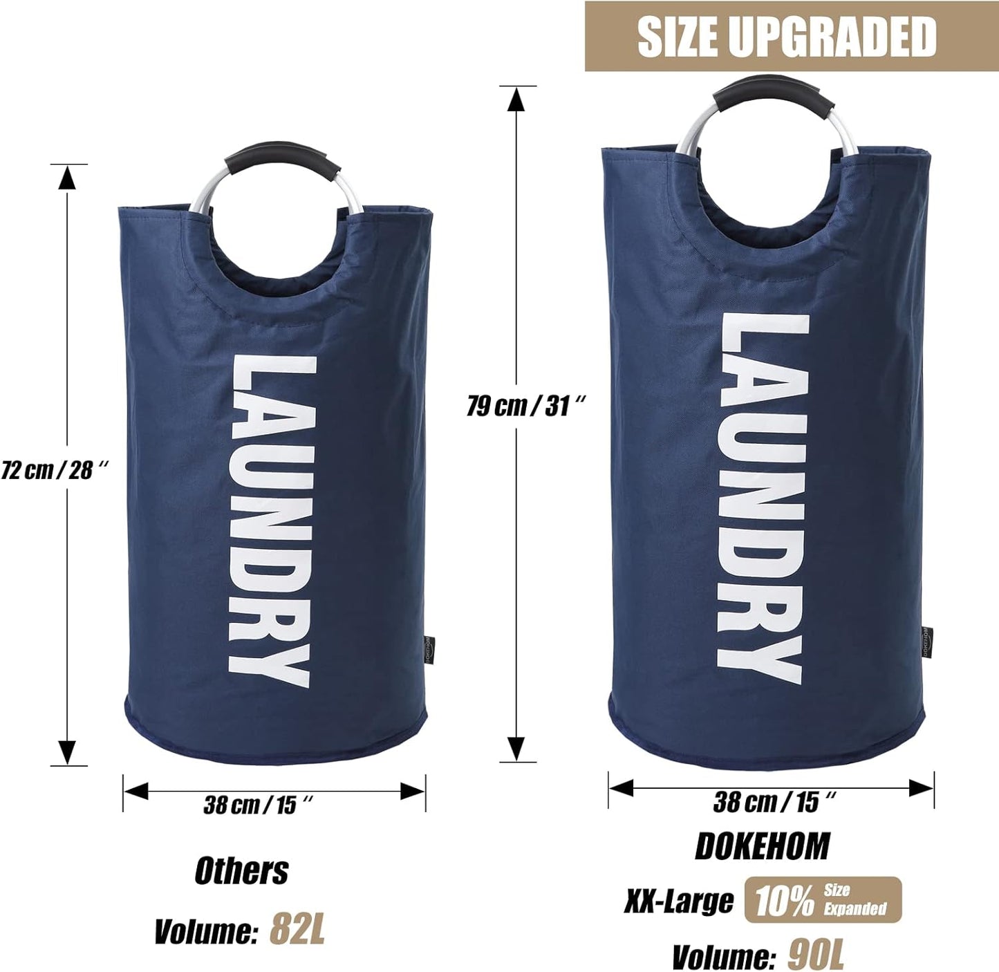 DOKEHOM 90L Large Laundry Basket, Collapsible Laundry Bag, Freestanding Tall Clothes Hamper, Foldable Washing Bin (Dark Blue)