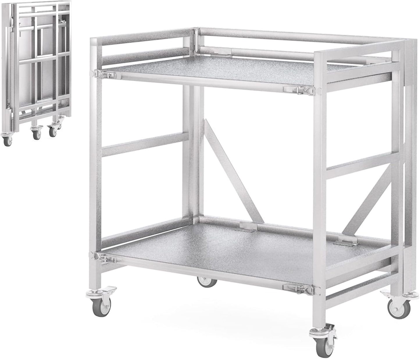 2 Shelf Rolling Cart with Wheels, 660lbs Capacity Collapsible Steel Rolling Utility Cart, Heavy-Duty Foldable Workbench, Metal Rolling Storage Cart with Handle for Groceries, Warehouse (36" Lx26 W)