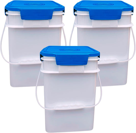 House Naturals 4 Gallon Square Food Grade Bucket Pail with Plastic Handles and Lid (Pack of 3) Made in USA containers (White - Blue lids)