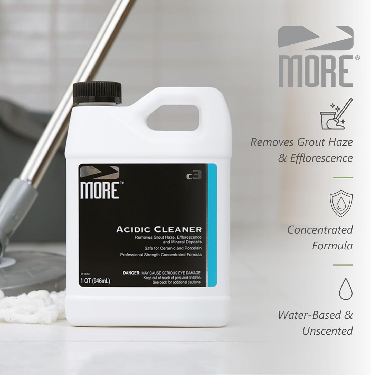 MORE Grout Cleaner for Tile Floors - Acidic Grout Cleaning Solution - Removes Cement-Based Grout Haze, Efflorescence and Mineral Deposits - Quart 32oz