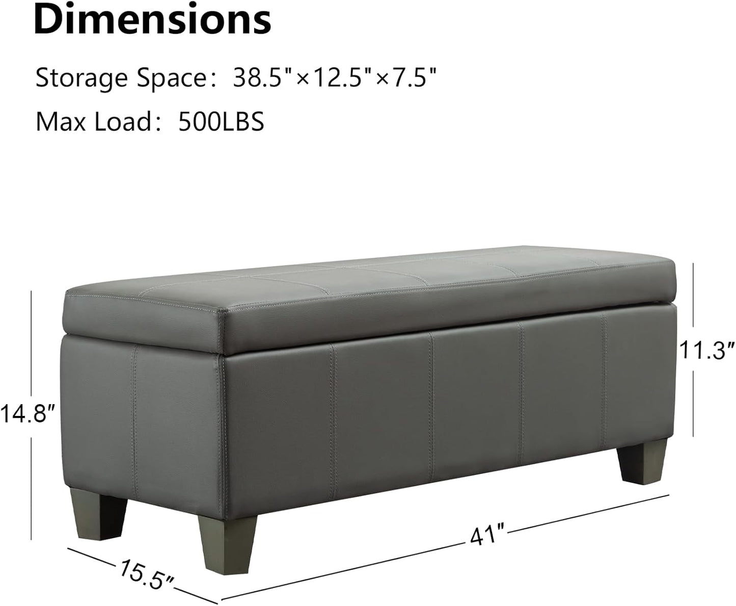 Grey Faux Leather Ottoman with Storage, Rectangular Extra Long Storage Bench for Bedroom and Living Room