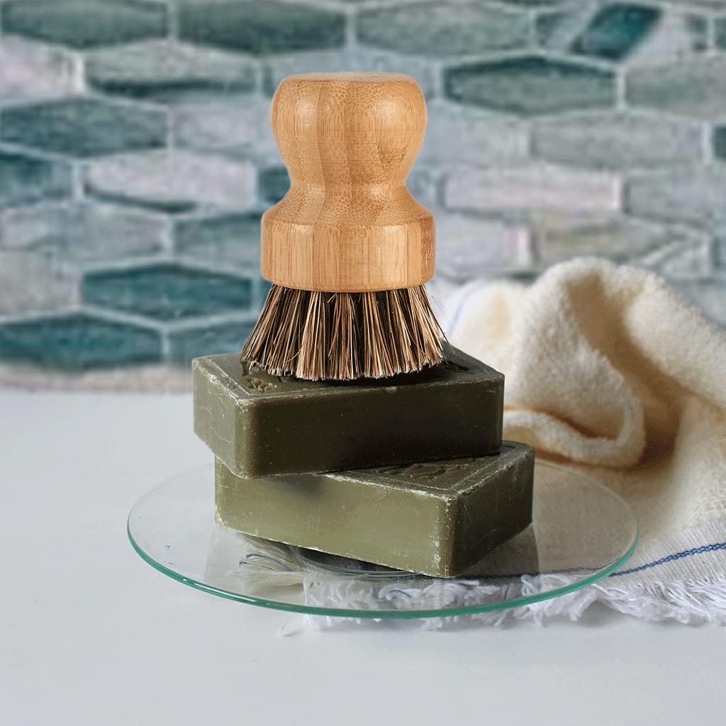 Bamboo Brush Dish Scrubber Clean Pan and Vegetable, Natural Bristles Palm Pot Brush 2 Pack Round Mini Dish Brush with 2 Ceramic Dish for Kitchen Sink Cleaning