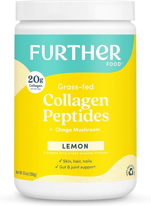 Further Food Lemon Collagen Peptides Powder, Grass-Fed Pasture-Raised Hydrolyzed Type 1 & 3 Protein, Gut Health + Joint, Hair, Skin, Nails, Paleo Keto Sugar-Free 10.50 oz