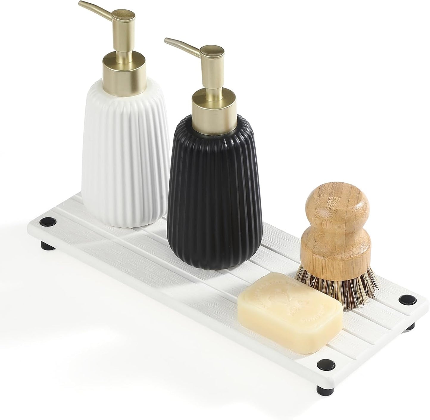 Instant Dry Sink Caddy Kitchen Sink Organizer, Quick Drying Stone Tray Diatomite Sponge Holder Soap Dish, Bathroom Countertop Fast Dry Water Absorbing Vanity Rack, White, 12" x 5"