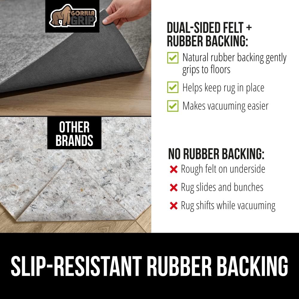 GORILLA GRIP Felt and Natural Rubber Stay in Place Slip Resistant Rug Pad, 1/4in Thick, 5x8 FT Protective Padding Under Area Rugs, Cushioned Gripper Pads, Carpet Runners, Hardwood Floors Protection